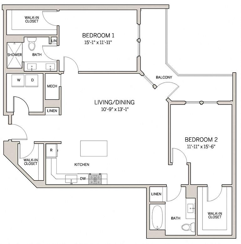 Floor plan for 2 beds, 2 baths, 1404 sqft